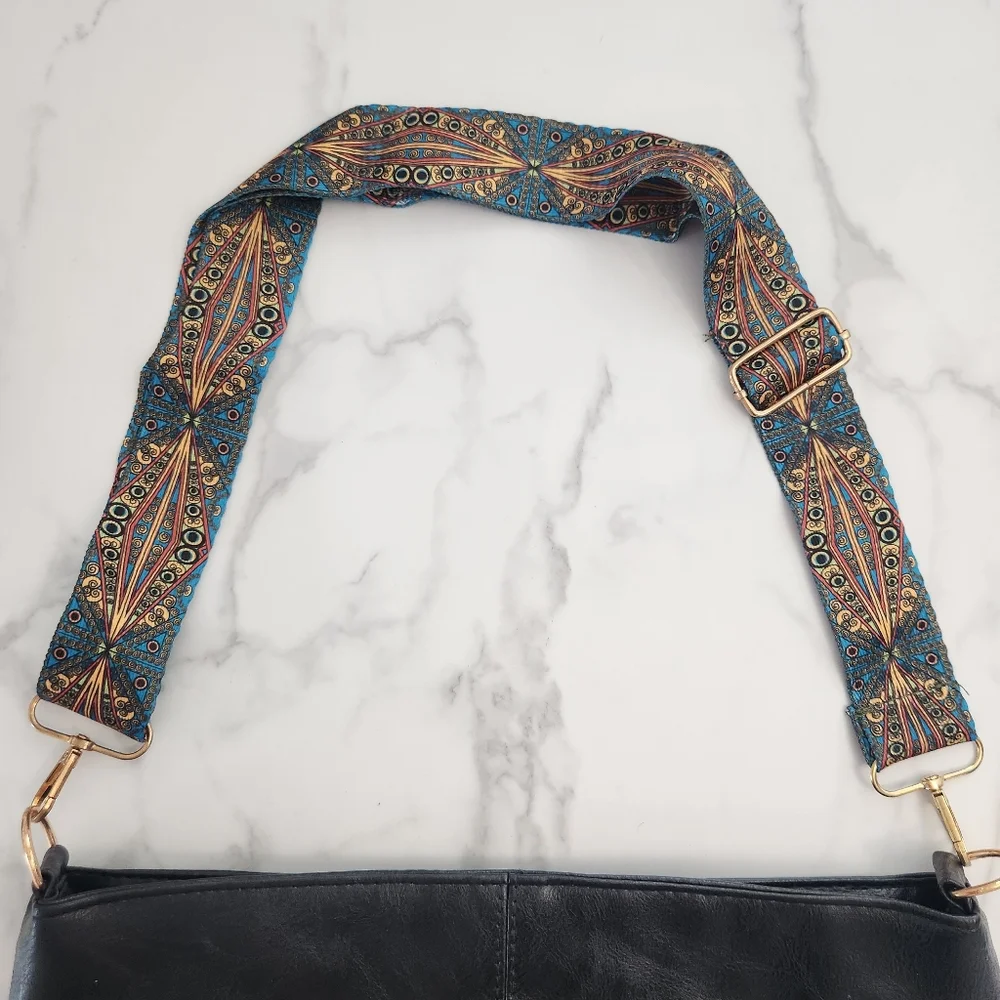 Unisex Black Pu Leather Tote Bag With Patterned Boho Strap - Picture 8 of 15
